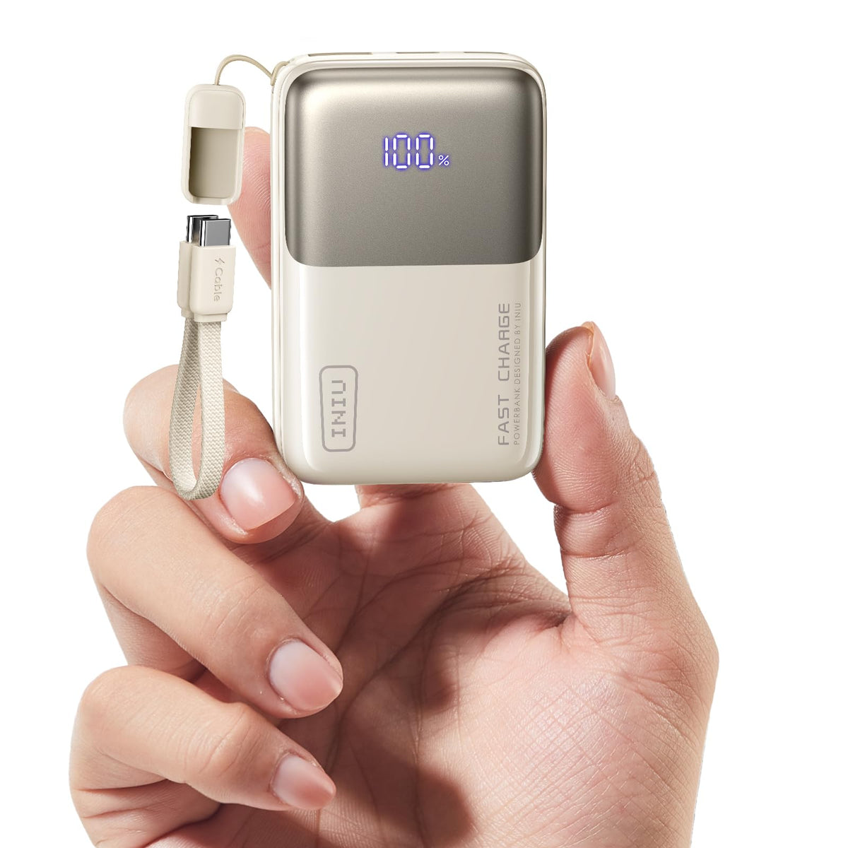INIU Power Bank 10000mAh 45W Compacto con Cable USB-C - Blanco Luminoso