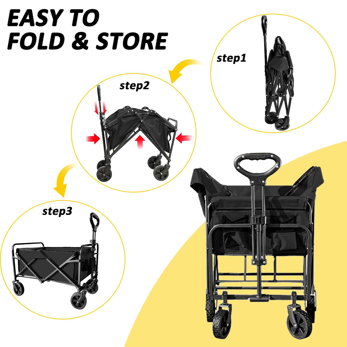 Carro Plegable Plegable con Ruedas Todo Terreno, Carro Resistente al Aire última intervensión con asa Ajustable, Carrito de Gran Capacidad para Camping, Playa, Deportes y Compras, Color Negro