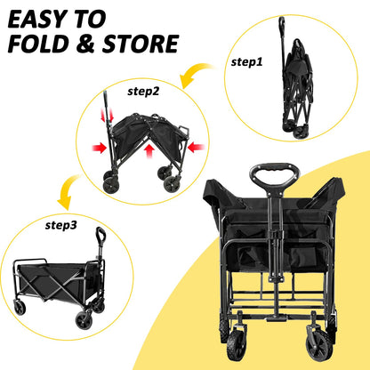Carro Plegable Plegable con Ruedas Todo Terreno, Carro Resistente al Aire última intervensión con asa Ajustable, Carrito de Gran Capacidad para Camping, Playa, Deportes y Compras, Color Negro