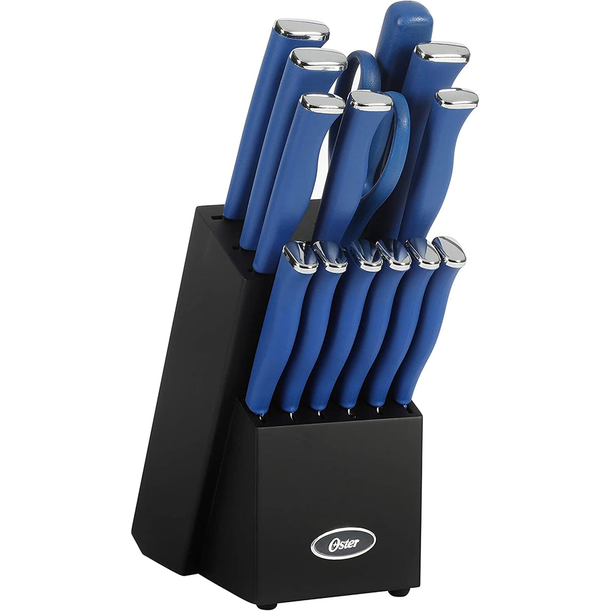 Oster Langmore - Juego de 15 cuchillos de acero inoxidable con caja negra, asas clásicas azules