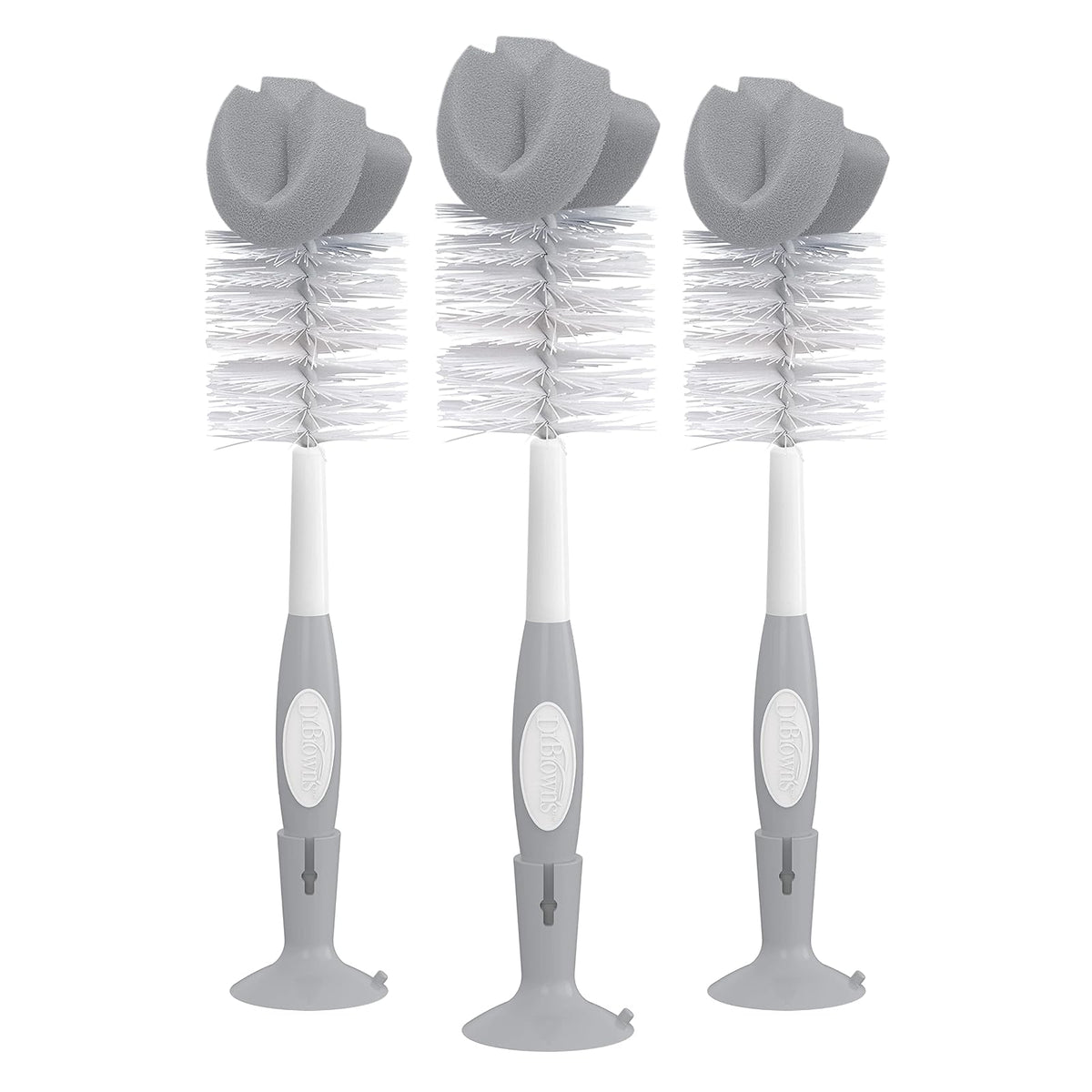 Dr. Brown's - Juego de cepillos de Limpieza de biberones Reutilizables con Soporte de Ventosa, Limpiador de pezones, Gris, Paquete de 3