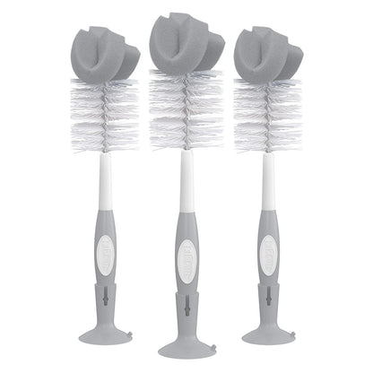Dr. Brown's - Juego de cepillos de Limpieza de biberones Reutilizables con Soporte de Ventosa, Limpiador de pezones, Gris, Paquete de 3