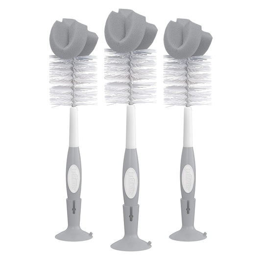 Dr. Brown's - Juego de cepillos de Limpieza de biberones Reutilizables con Soporte de Ventosa, Limpiador de pezones, Gris, Paquete de 3