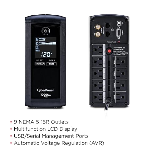 CyberPower CP1000AVRLCD 1000 VA NO Break, 1000 VA AVR, Negro | 1000VA/600W, 9 tomacorrientes, AVR, minitorre, certificado UL