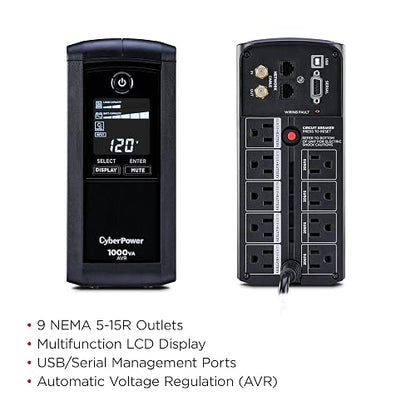 CyberPower CP1000AVRLCD 1000 VA NO Break, 1000 VA AVR, Negro | 1000VA/600W, 9 tomacorrientes, AVR, minitorre, certificado UL
