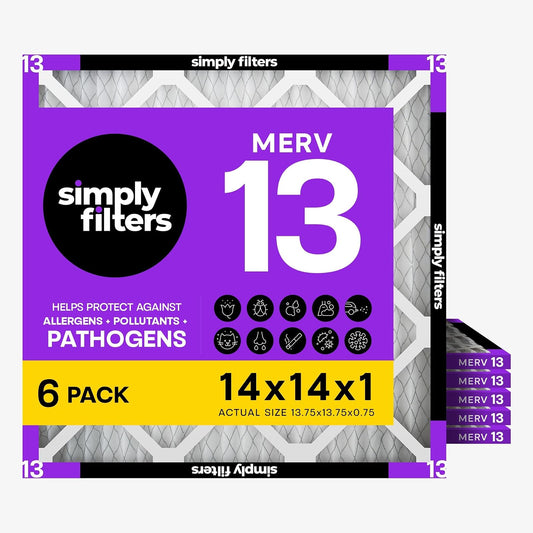 Simply - Filtro de aire de 14 x 14 x 1, Merv 13, MPR 1500, paquete de 6, para horno de aire acondicionado doméstico y HVAC (tamaño real: 13.7 x 1.7 x 0.75 pulgadas), control de polvo, mascotas y