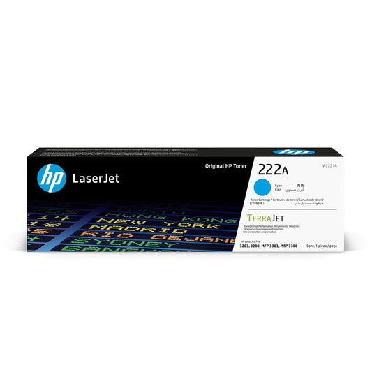 HP Cartucho de Tóner LaserJet 222A Cian Original (W2221A) | para Impresoras LaserJet Pro Series 3203, 3288, MFP 3303, MFP 3388