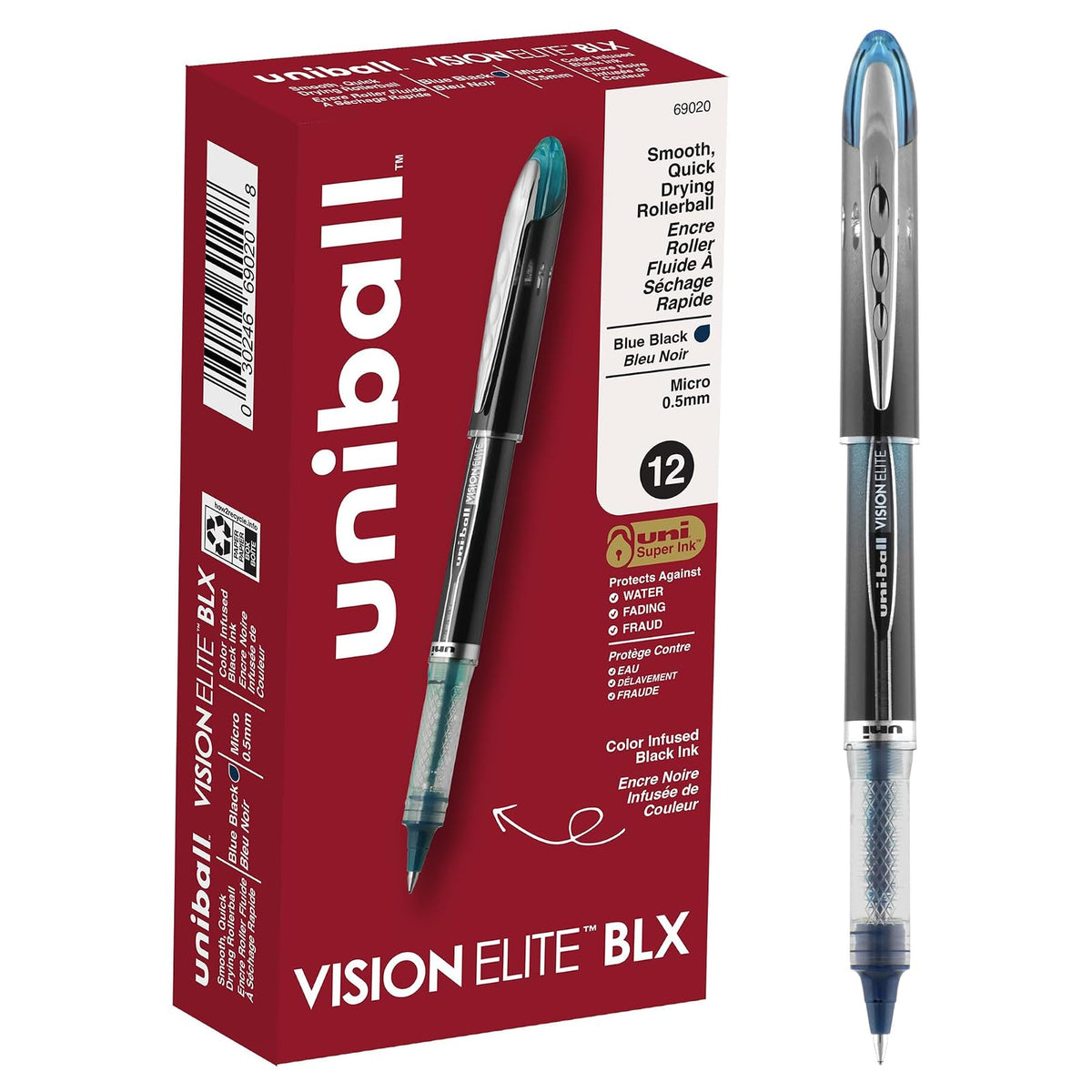 Uni-ball Vision Elite Bolígrafo Rollerball, Tinta Resistente al Agua - Azul - Negro - 12 Unidad (Paquete de 1) - Micropunto