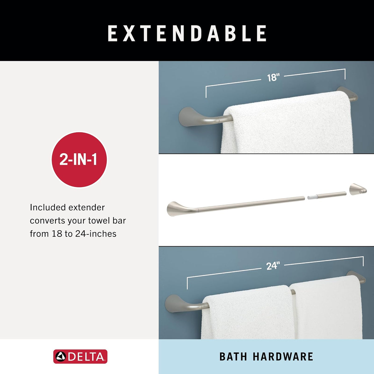 Delta ARV64-DN Arvo Juego de 4 Piezas de Accesorios de baño de 18 Pulgadas con Extensor de 6 Pulgadas, Soporte para Papel higiénico, Anillo de Toalla, Gancho, níquel Cepillado