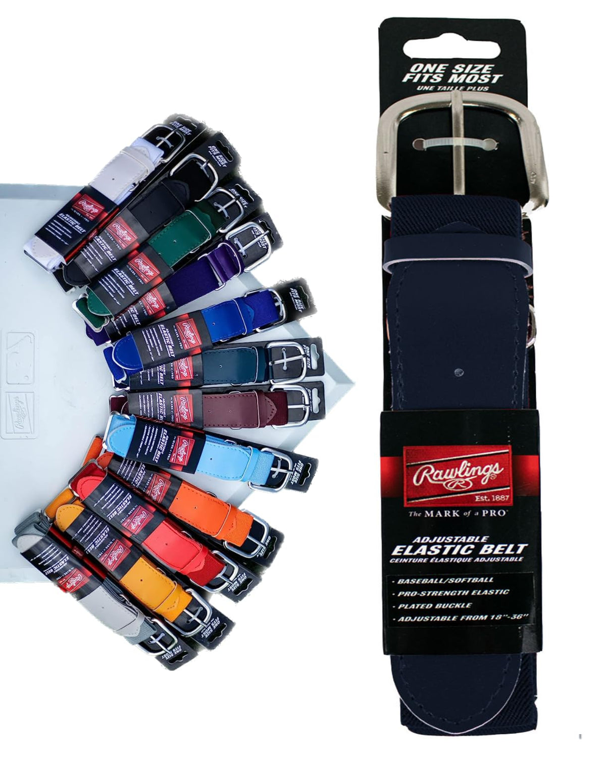 Rawlings - Cinturón ajustable | béisbol/softball de lanzamiento rápido, talla única (18-36 pulgadas), varios colores - OSFM | Adjustable Elastic | Fits 18" - 36" - Marino
