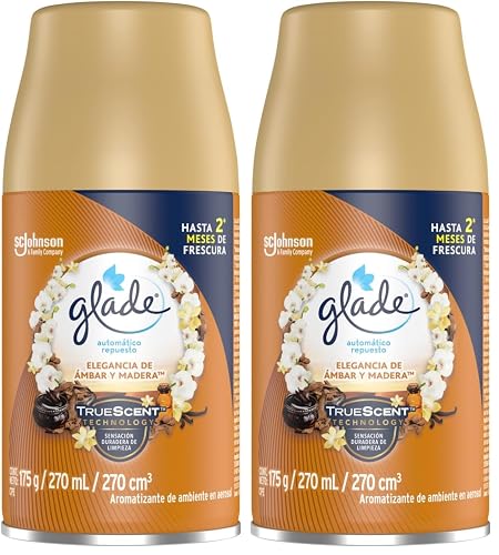Glade Aromatizante Automático en Aerosol, Aroma Elegancia de Ámbar y Madera, Frescura Programable para tu Hogar durante 70 Días, Repuesto de 270 ml (Paquete de 2)