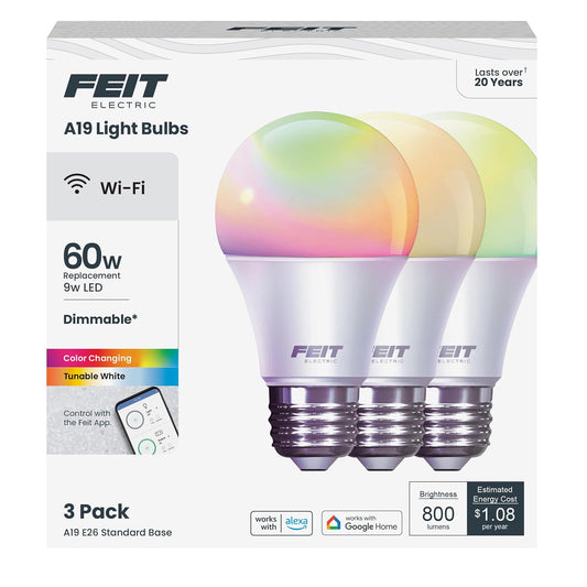 Feit Electric OM60/RGBW/CA/AG/3 60 W Equivalente a WiFi de color cambiante y ajustable, blanco, regulable, no requiere concentrador, Alexa o Google Assistant A19 LED Smart Light Bulb, paquete de 3
