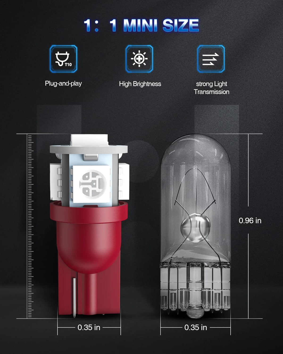 Marsauto 194/T10 Focos LED Rojos 5 SMD sin Polaridad para Cúpula, Mapa, Puerta, Matrícula, Paquete de 10