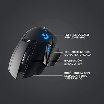 Logitech G502 Lightspeed Mouse Inalámbrico Gamer, Hero 25K, 25,600 dpi, RGB, Peso Reducido, 11 Botones Programables, Batería de Larga Duración, con POWERPLAY, PC, Color Negro