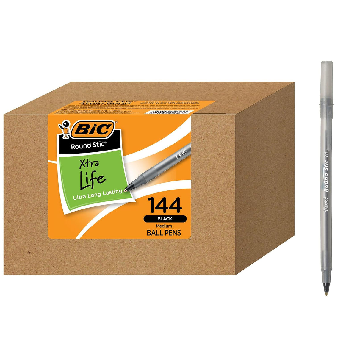 BIC Stic Xtra Life - Bolígrafo redondo (punta mediana), Negro, 144 unidades