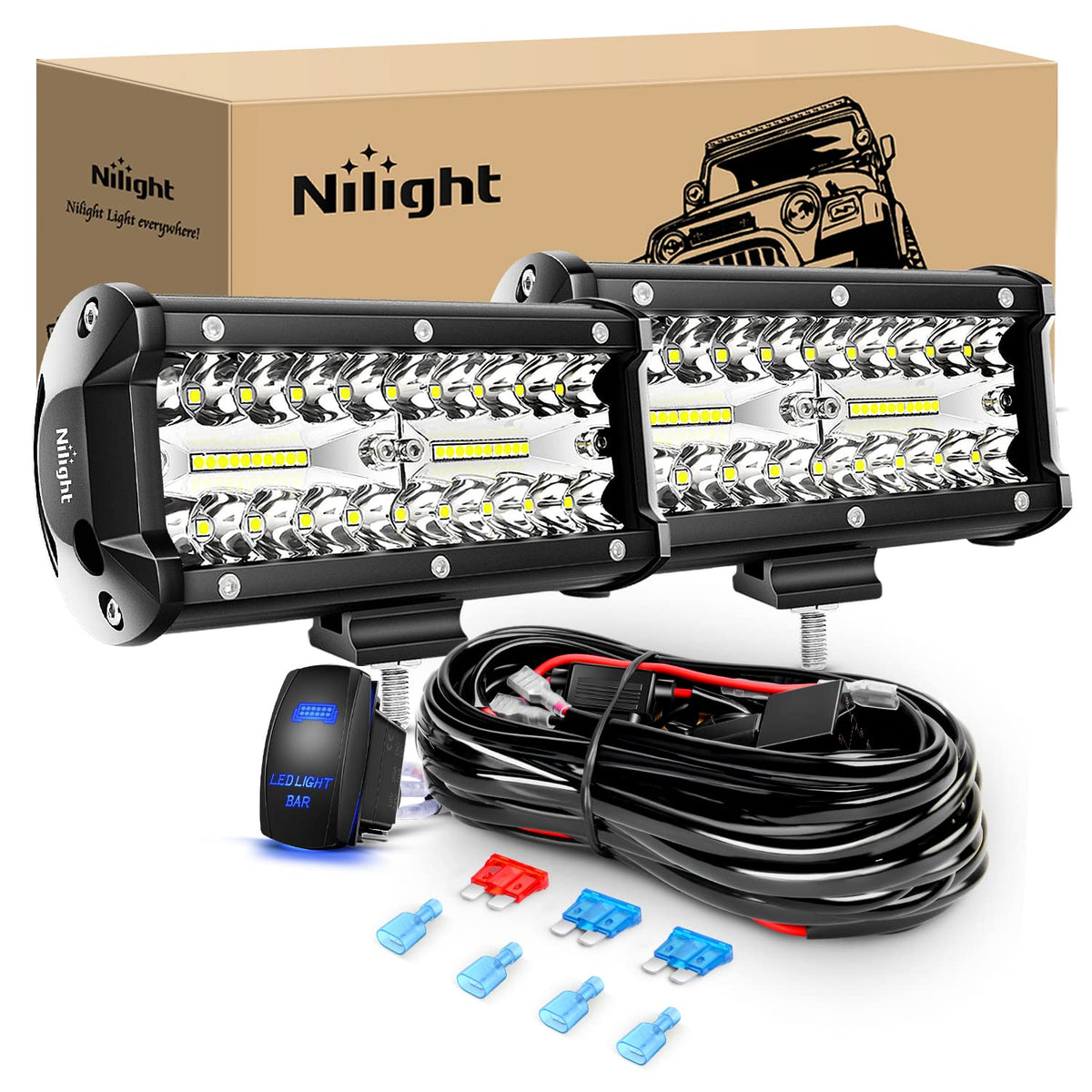 Nilight ZH321 Kit de 2 Barras LED de 120W para Conducción Impermeable Triple Filas con Interruptor 5 Pines y Arnés 16AWG, Blanco
