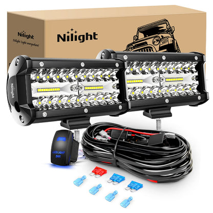 Nilight ZH321 Kit de 2 Barras LED de 120W para Conducción Impermeable Triple Filas con Interruptor 5 Pines y Arnés 16AWG, Blanco