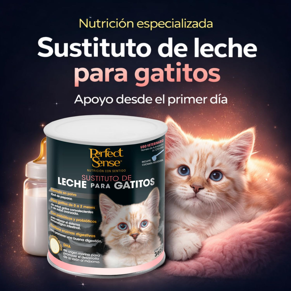 Perfect Sense Sustituto de Leche para Gatitos 360 g con Prebióticos, Probióticos, Enzimas Digestivas y DHA de Origen Marino