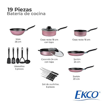 Ekco | Batería de Cocina Serum 19 Piezas de Aluminio Antiadherente Rosa | Revestimiento antiadherente, Cocción uniforme, Fácil limpieza, Uso diario, Calentamiento rápido, Mangos y asas de baquelita