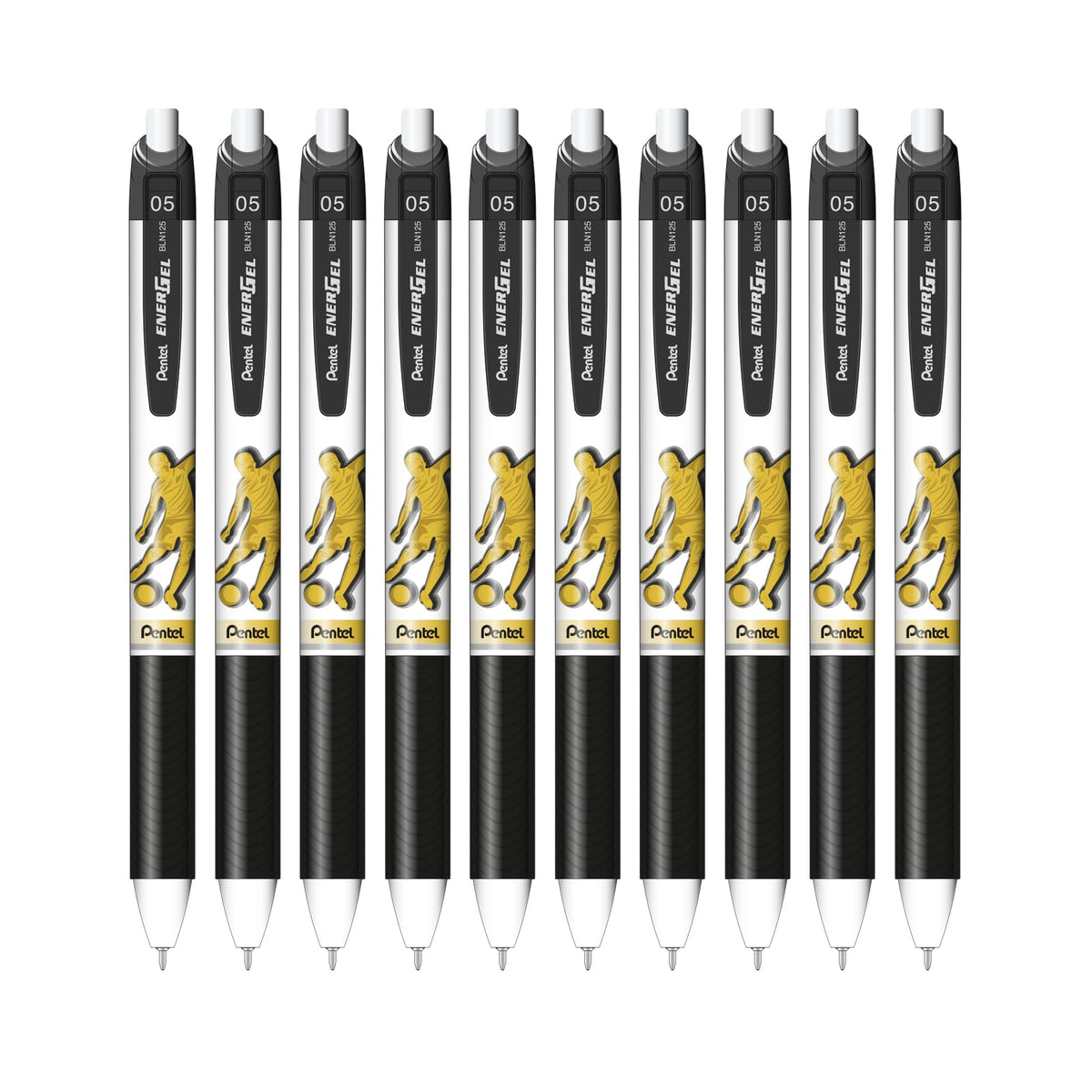 Pentel EnerGel, Bolígrafo de Gel Retráctil/Pluma Recargable, Punta de Aguja 0.5 mm, Edición Especial Fútbol, Tinta Negra de Secado Rápido, Cuerpo Blanco, Paquete de 10 Piezas, BLN125FBW-A