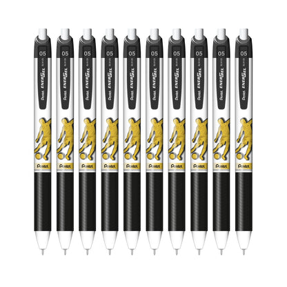 Pentel EnerGel, Bolígrafo de Gel Retráctil/Pluma Recargable, Punta de Aguja 0.5 mm, Edición Especial Fútbol, Tinta Negra de Secado Rápido, Cuerpo Blanco, Paquete de 10 Piezas, BLN125FBW-A