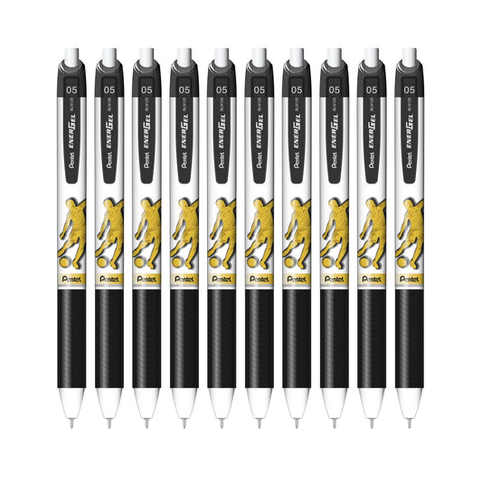 Pentel EnerGel, Bolígrafo de Gel Retráctil/Pluma Recargable, Punta de Aguja 0.5 mm, Edición Especial Fútbol, Tinta Negra de Secado Rápido, Cuerpo Blanco, Paquete de 10 Piezas, BLN125FBW-A