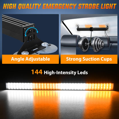Nilight - Barra de luz estroboscópica de 144 LED, color ámbar blanco con driver 2 en 1, advertencia de emergencia para automóviles, luces de parabrisas de policía, para automóviles, remolque, camiones