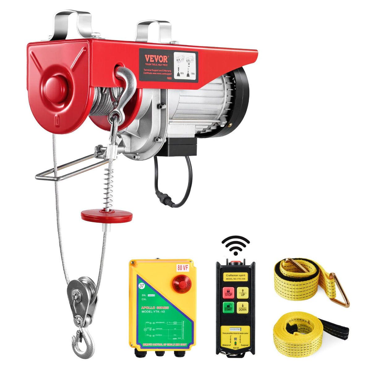 VEVOR - Polipasto eléctrico, cabrestante eléctrico de 120 V de 100 kg con control remoto inalámbrico de 300 pies, altura de elevación de un solo cable de 40 pies, eslingas individual/dobles, parada de