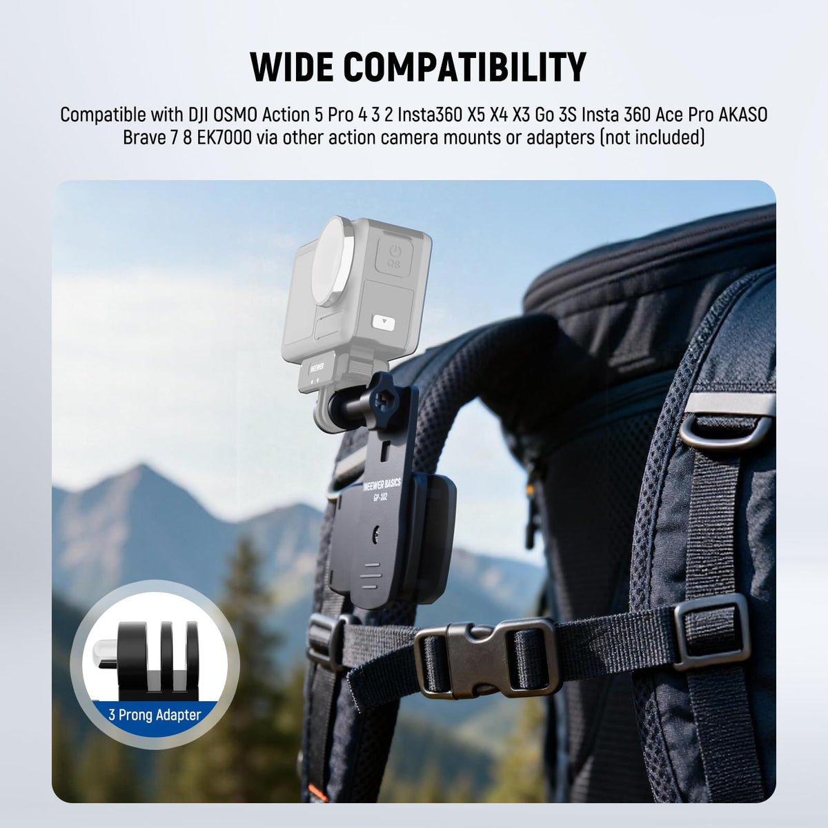 NEEWER Basics - Soporte de Abrazadera para Mochila, Adaptador de Tres Puntas Compatible con GoPro Hero Insta360 dji AKASO Accesorios de cámara de acción para grabación de Video POV, GP-102