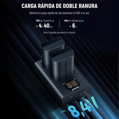 NEEWER Pack de 2 2200mAh LP-E6P/LP-E6NH/LP-E6N/LP-E6 Baterías Repuesto Cargador USB Doble Vertical con Pantalla LCD para EOS R5 Mark II EOS R5 EOS R6 EOS R7 EOS R 5D II III IV 6D 6D II 7D 7D II 60D
