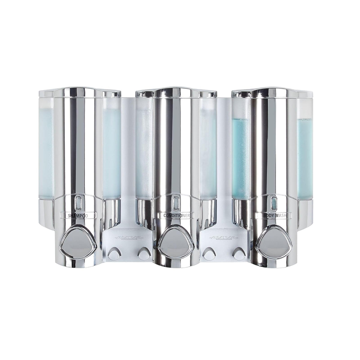 Better Living Aviva - Dispensador de Ducha de 3 cámaras, dispensador de jabón de Ducha para baño y Hotel, Ganchos Integrados, sin taladros, dispensador de jabón de champú Impermeable, 3 x 11 onzas