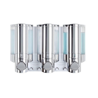 Better Living Aviva - Dispensador de Ducha de 3 cámaras, dispensador de jabón de Ducha para baño y Hotel, Ganchos Integrados, sin taladros, dispensador de jabón de champú Impermeable, 3 x 11 onzas