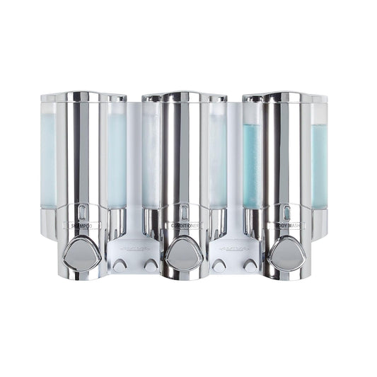 Better Living Aviva - Dispensador de Ducha de 3 cámaras, dispensador de jabón de Ducha para baño y Hotel, Ganchos Integrados, sin taladros, dispensador de jabón de champú Impermeable, 3 x 11 onzas