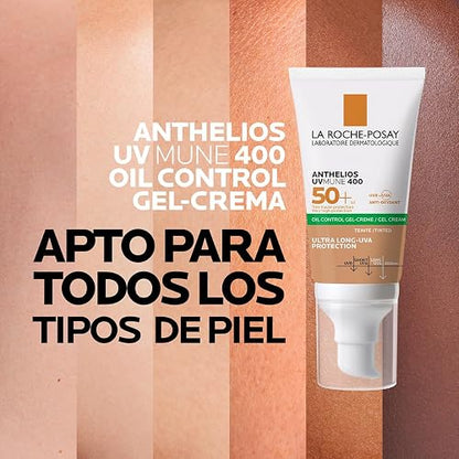 La Roche-Posay Anthelios UVMUNE 400 Oil Control Gel-Crema con Color y FPS 50+, Protector Solar Facial Matificante para Piel Grasa, Resistente al Agua, 50 ml