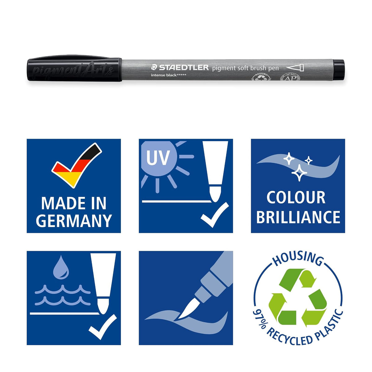 STAEDTLER Pigment Arts - Bolígrafo de pincel suave, color gris, paquete de 6 bolígrafos, 372 C6