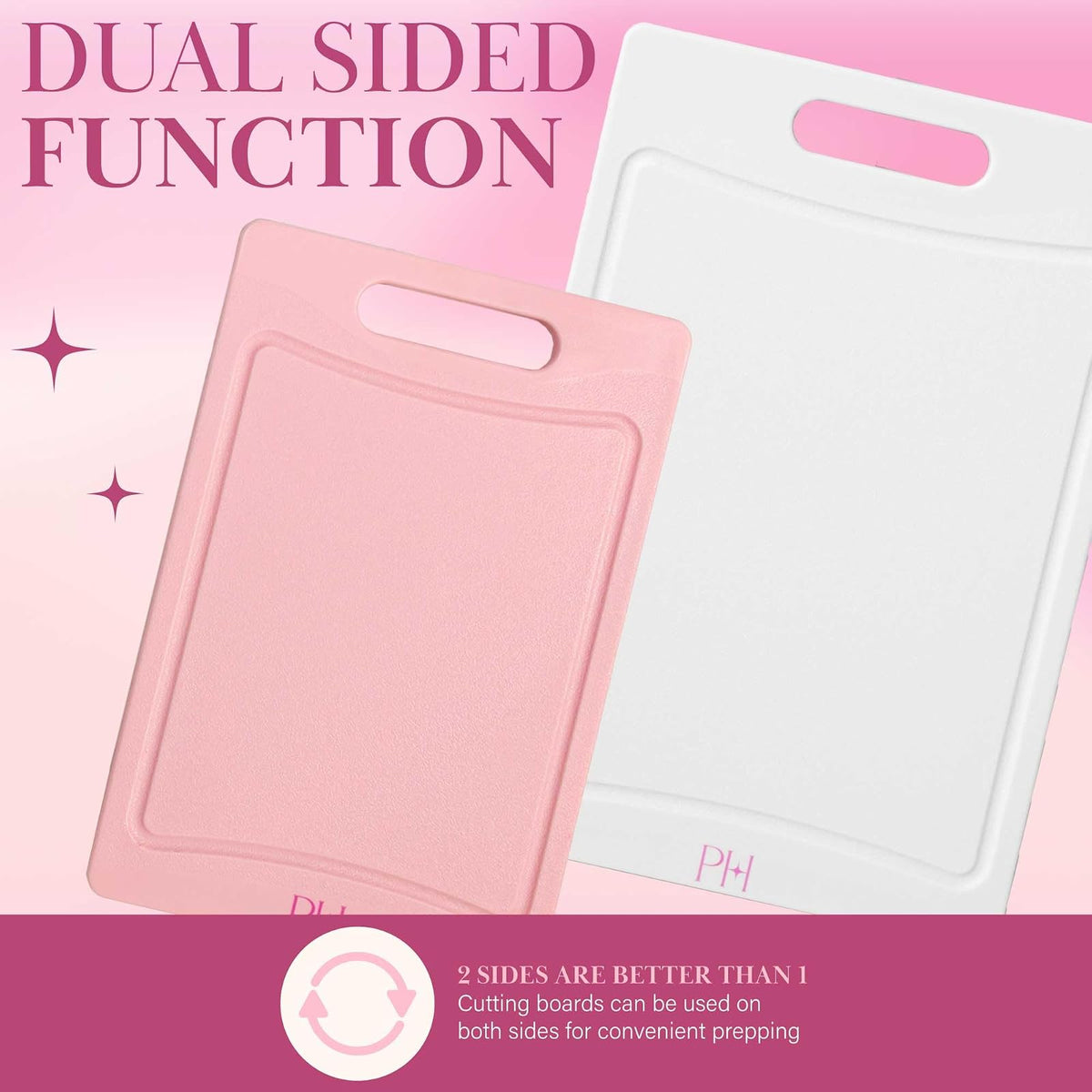 Paris Hilton - Juego de tablas de cortar de doble cara con ranuras de jugo integradas, asas de fácil agarre, plástico resistente hecho sin BPA, apto para lavaplatos, juego de 3 piezas, rosa y crema