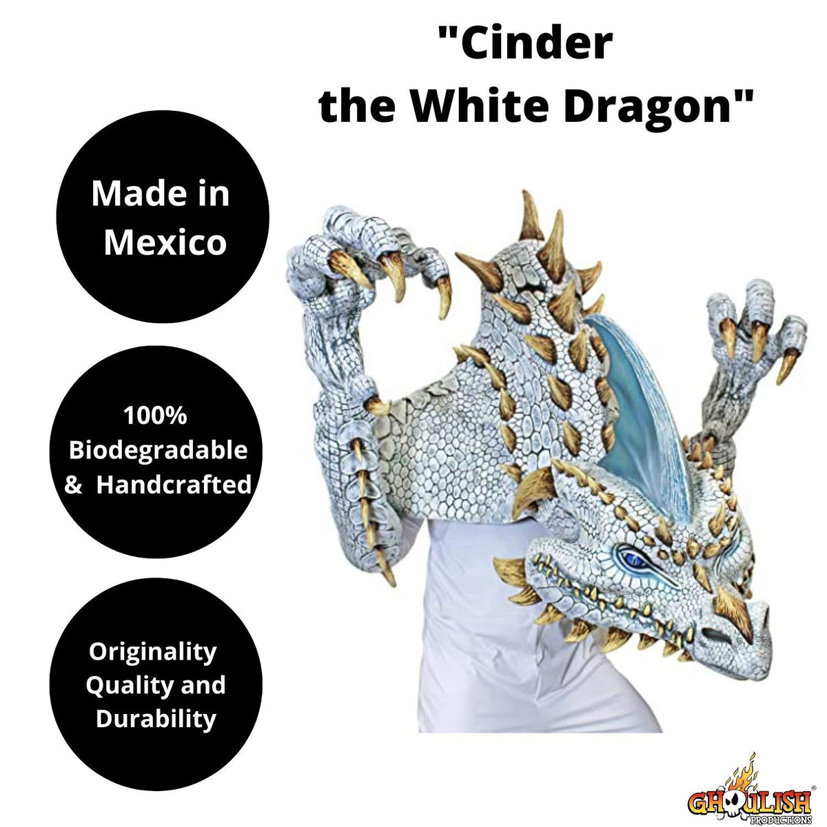 Máscara Artesanal Mega Máscara Disfraz de Cinder el Dragón Blanco de Latex de Nightmare's Collection por Mario Chiodo