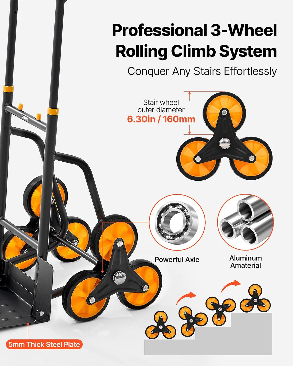 VEVOR Carretilla para Subir Escaleras Carga de 200 kg, Carro de Escalera Plegable con Asa Telescópica, 6 Ruedas y 2 Cuerdas Elásticas, para Transporte, Almacén, Centro Comercial, Mudanzas, Oficina