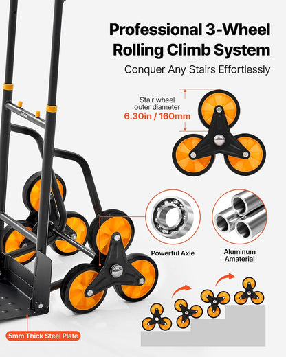 VEVOR Carretilla para Subir Escaleras Carga de 200 kg, Carro de Escalera Plegable con Asa Telescópica, 6 Ruedas y 2 Cuerdas Elásticas, para Transporte, Almacén, Centro Comercial, Mudanzas, Oficina