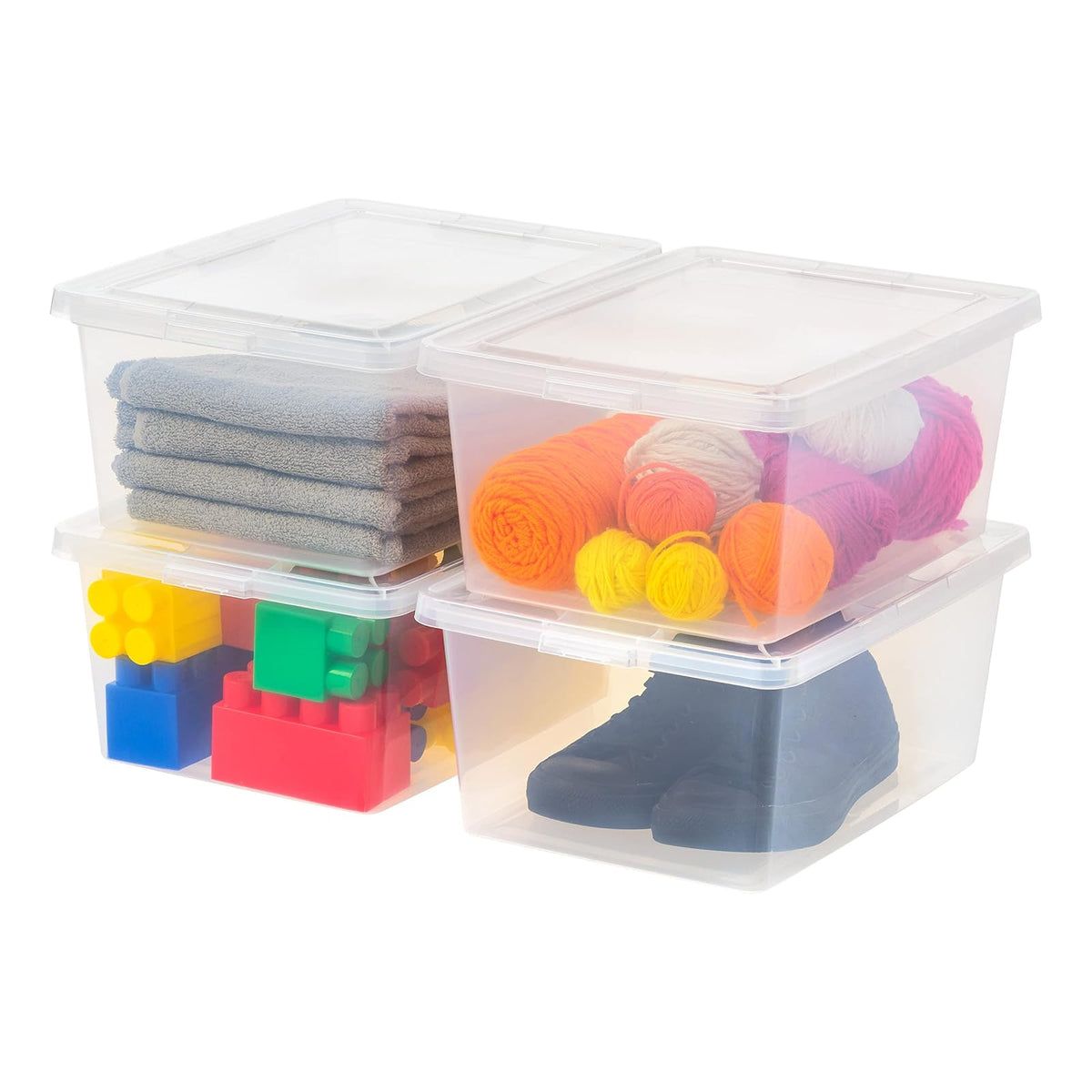 IRIS USA 4 Contenedores de 17 Qt con Tapa, Transparentes, Apilables | Ideal para zapatos, manualidades, oficina y despensa. Diseño transparente y anidable para organizar fácilmente. - Transparente - 16 L - Paquete de 4