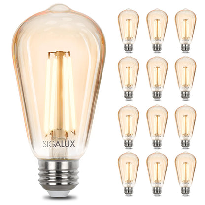 Sigalux - Bombillas Edison E26, bombillas LED de 60 W, regulables, clásico, filamento LED, ámbar con 90 CRI, ST19, antigua, antigua, retro, 2700 K, blanco suave, 9 W, 700 lm, paquete de 12