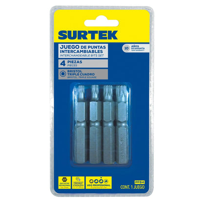 Surtek PFB4, Juego de puntas bristol hexágono de 1/2", 4 piezas