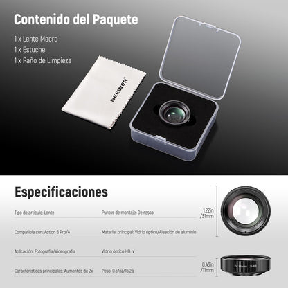 NEEWER Lente Macro Compatible con dji Osmo Action 5 Pro/4 Cámara Acción, Aumento 2X, 2 Elementos en 1 Grupo, Distancia Focal 3-4 cm, Accesorio para Fotografía de Cerca, No Resistente al Agua, LS-68