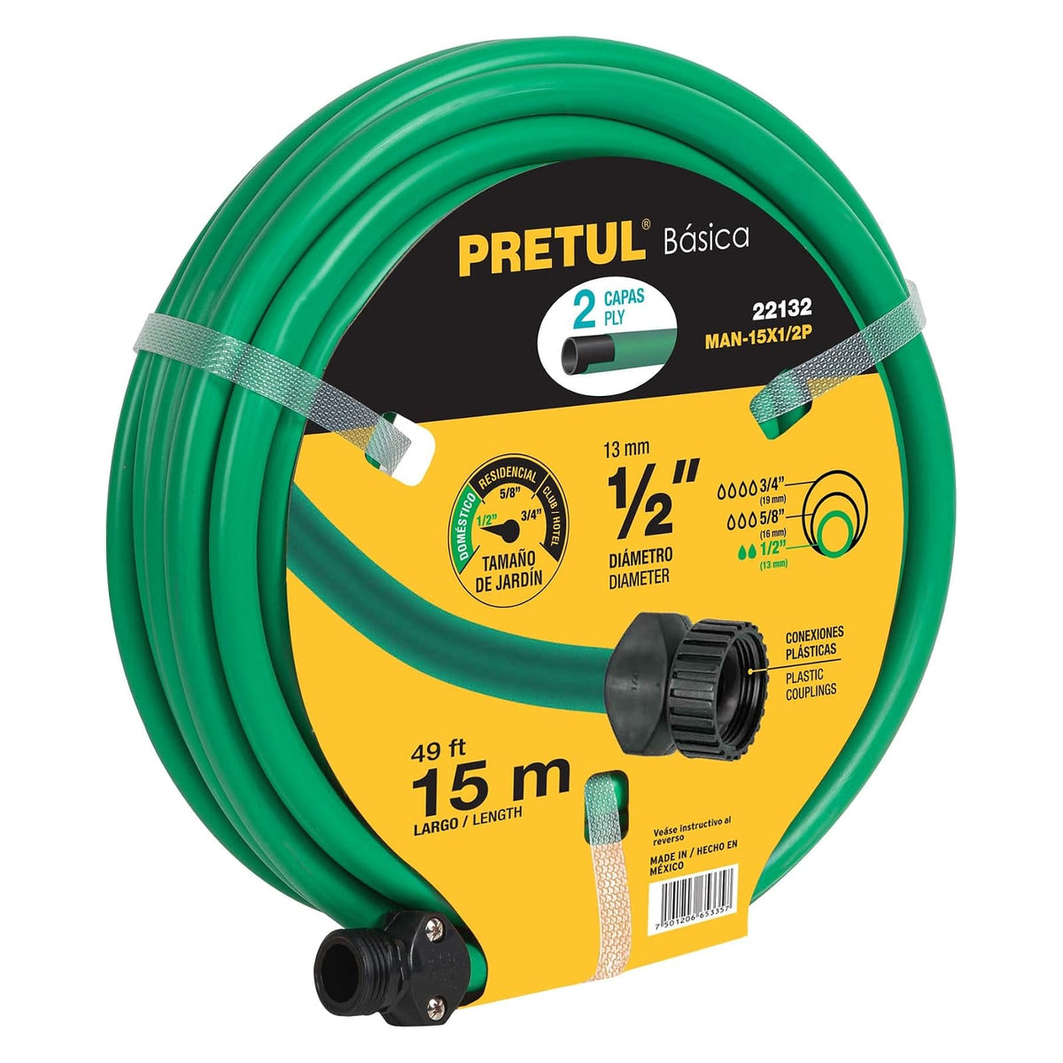 Pretul MAN-15X1/2P, Manguera 1/2", 2 capas, conexiones plásticas, 15 m, Pretul