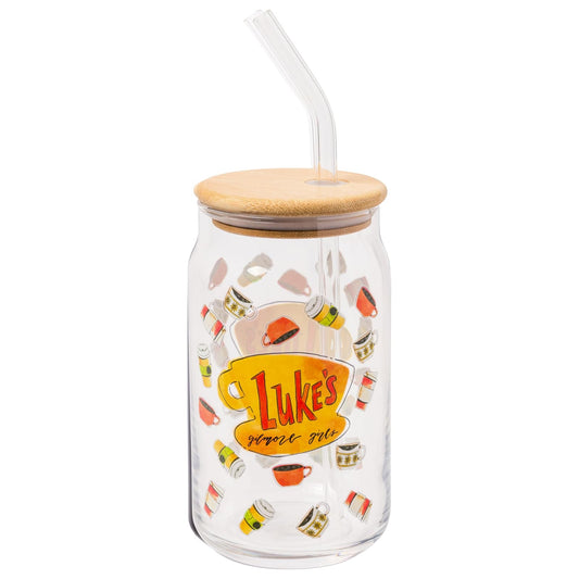 Silver Buffalo Gilmore Girls Luke's Diner - Vaso de vidrio con tapa de bambú y popote de vidrio, 16 onzas