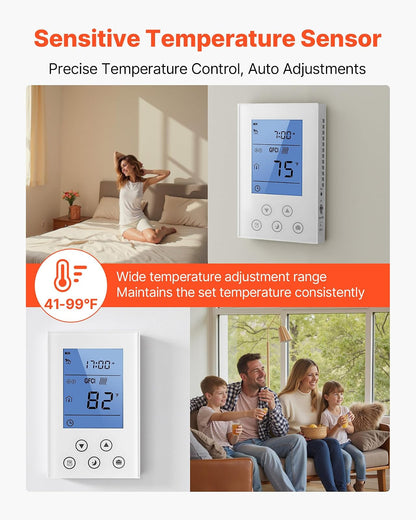 VEVOR Termostato programable de 7 días para calefacción por Suelo Radiante, Bomba de Calor, GFCI Integrado y Sensor Sensible, Pantalla LED retroiluminada, de bajo Consumo, Color Blanco.