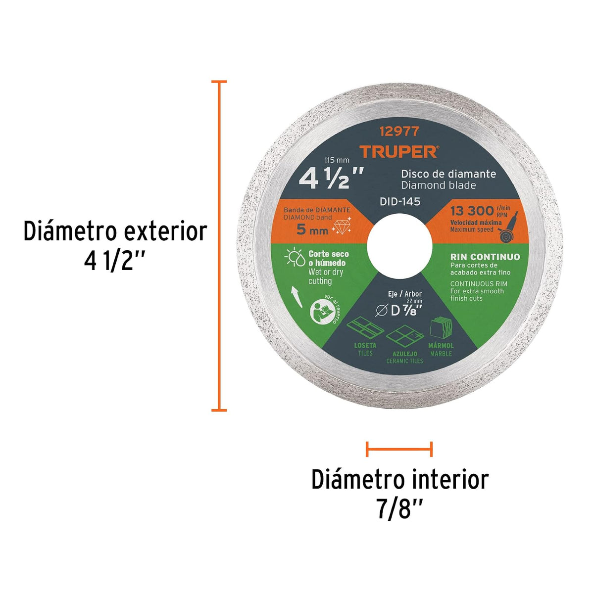 Truper DID-145, Disco de diamante de 4-1/2" x 1.6 mm, rin continuo