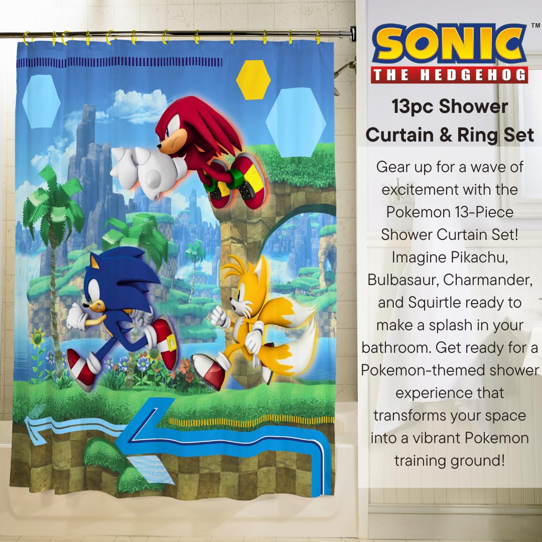 Franco Sonic Anime - Juego de Cortina de Ducha y Anillo de 13 Piezas (Producto 100% con Licencia Oficial)