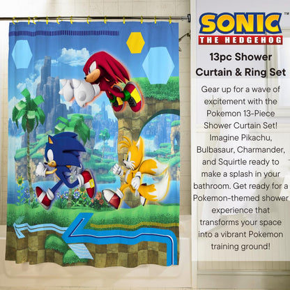Franco Sonic Anime - Juego de Cortina de Ducha y Anillo de 13 Piezas (Producto 100% con Licencia Oficial)