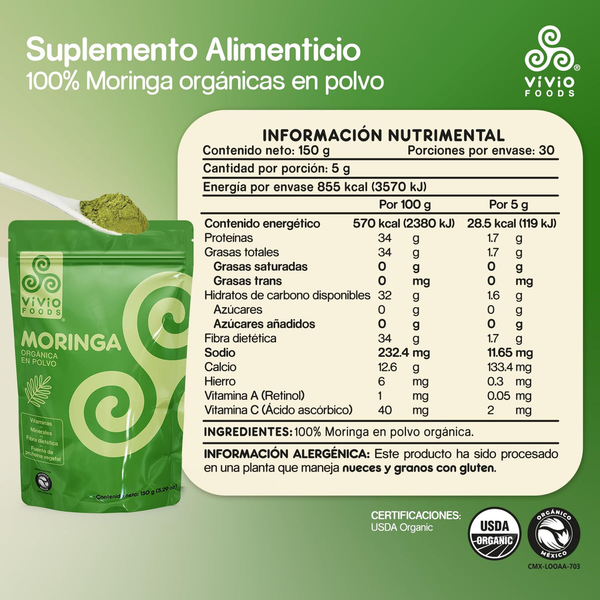 Vivio Foods, Moringa Orgánica En Polvo, 150 gramos